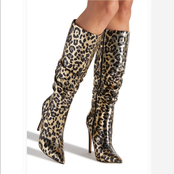 Slouchy Black and Gold Leopard Boots - Picture 2 of 2